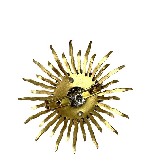 Vintage Gold Tone Sunburst Rhinestone Brooch Pin Retro - Picture 4 of 7